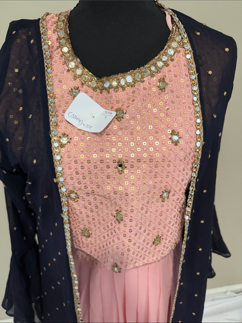 Elegant Pink Embellished Lehenga with Navy Ruffle Jacket Overlay - Picture 2 of 8